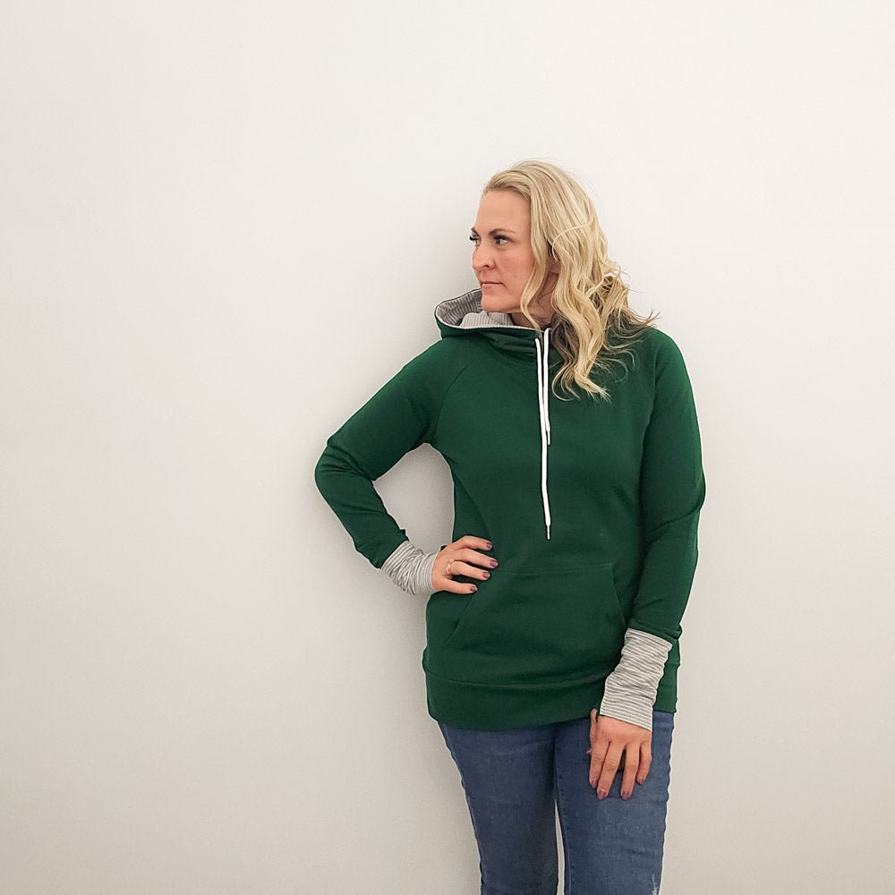 Jenny Womens Pullover, Forest green with grey accents, medium weight terry knit, womens long sleeve with thumbholes pullover, kangaroo front pocket - Shop7degrees