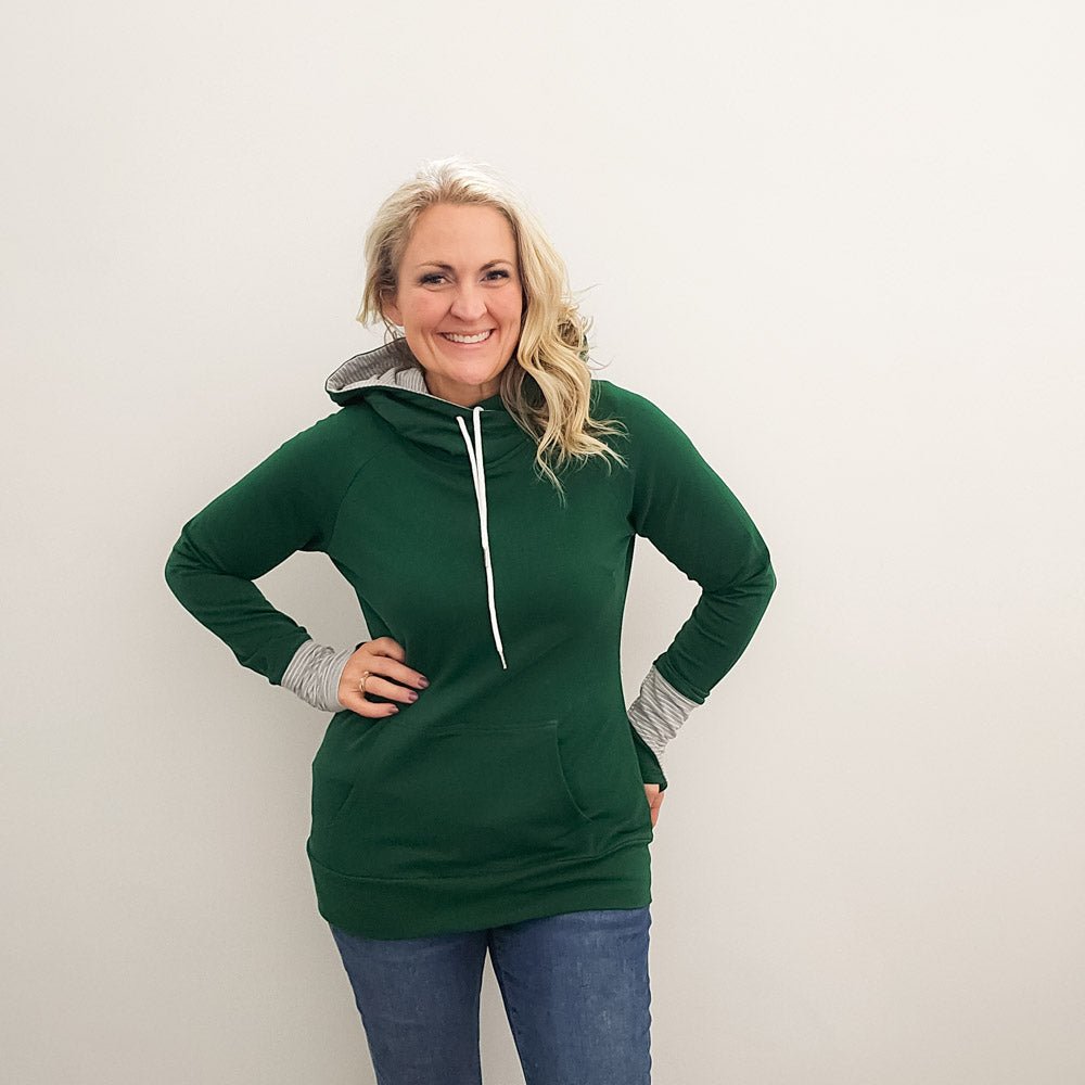 Jenny Womens Pullover, Forest green with grey accents, medium weight terry knit, womens long sleeve with thumbholes pullover, kangaroo front pocket - Shop7degrees