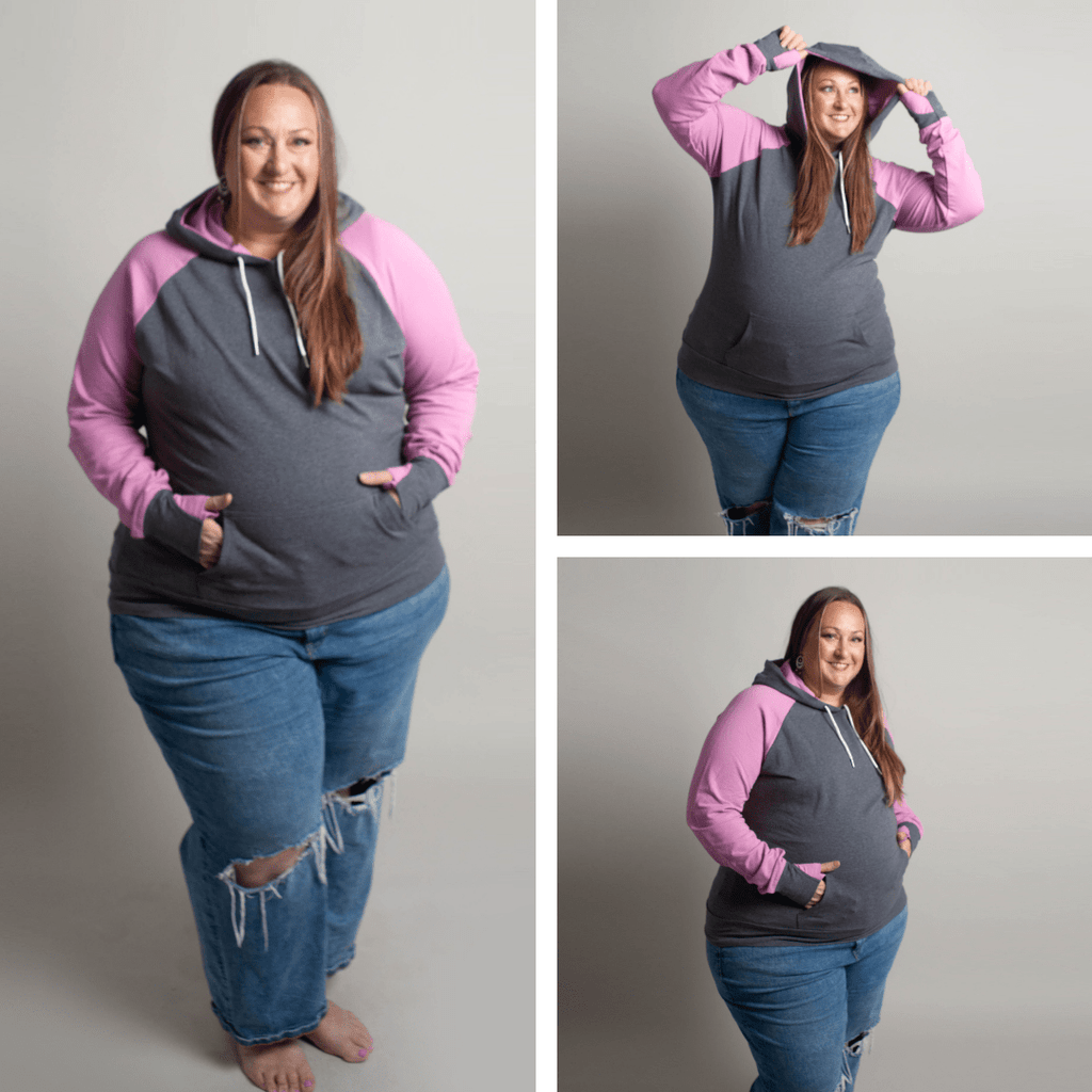 Gallery view of Jordan Womens Pullover, womens heathered grey with pink sleeves and thumbholes, long sleeve plus size womens pullover hoodie, size inclusive, plus size womens, Shown in 3XL Shop7degrees