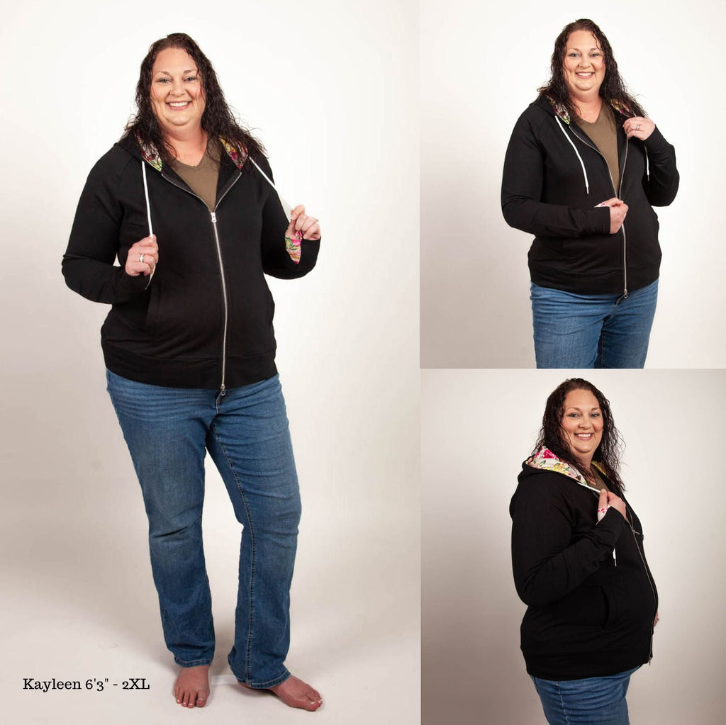 Lexi Black Floral Full zip womens hoodie, casual womens fashion, double zipper, deep lined hood and inside pocket, black full zip hoodie with floral accent and comfortable thumbholes, terry knit medium weight womens hoodie- Shop7degrees