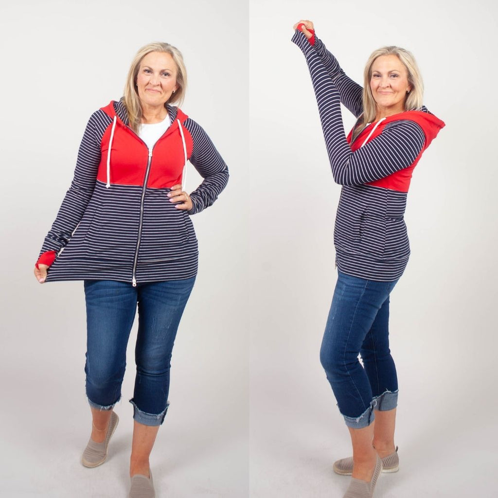 Liberty Womens Full zip Hoodie, blue and white stripe with red accent, long sleeve with thumbholes, womens casual fashion hoodie - 7degrees