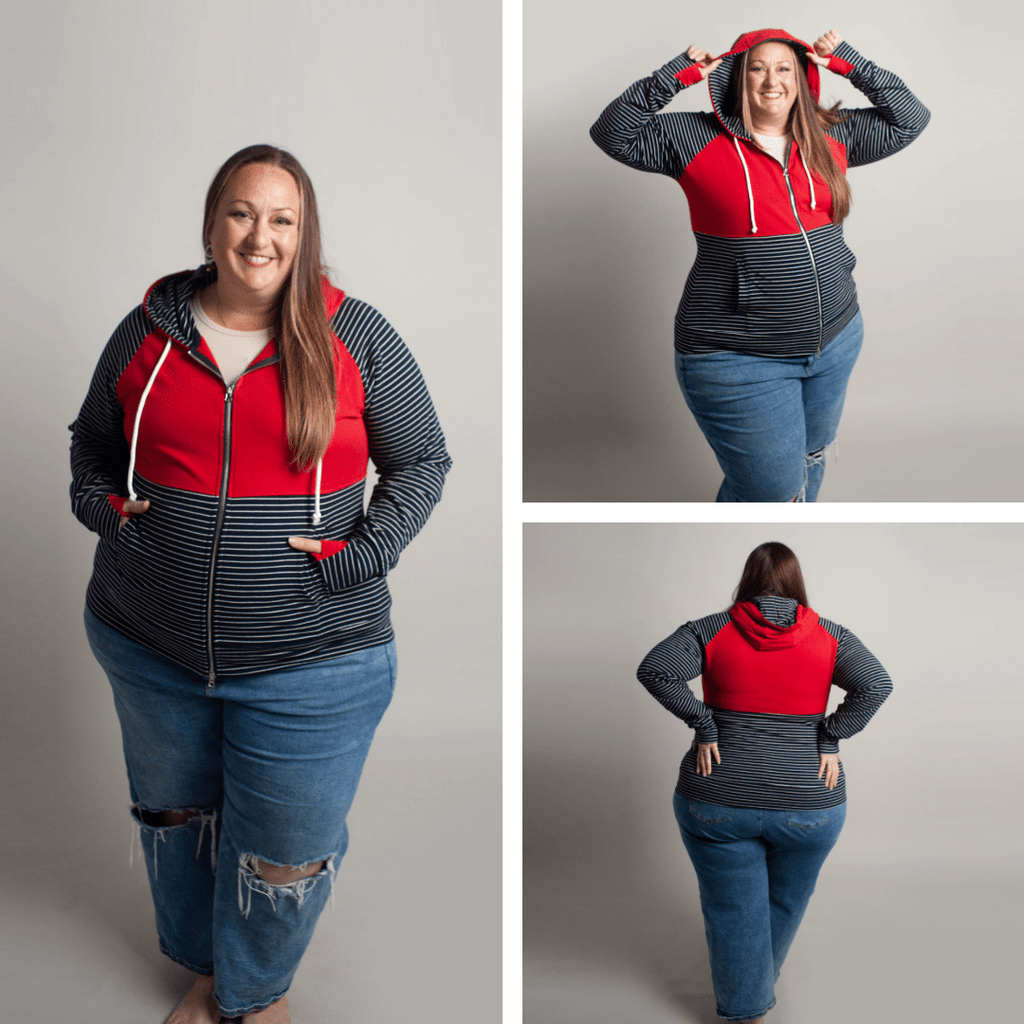 Gallery detail views Liberty Womens Full zip Hoodie, blue and white stripe with red accent, double zipper, long sleeve with thumbholes, womens casual fashion hoodie - shown in size 3XL