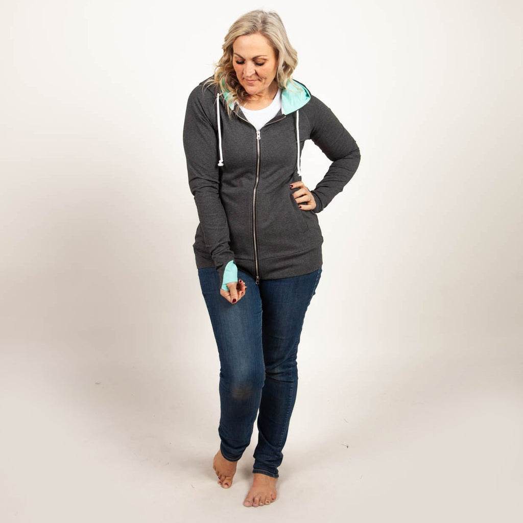  Lindee Grey Full Zip Womens hoodie, Grey with mint accents, long sleeves with thumbholes, double zipper and extra large hood - 7degrees
