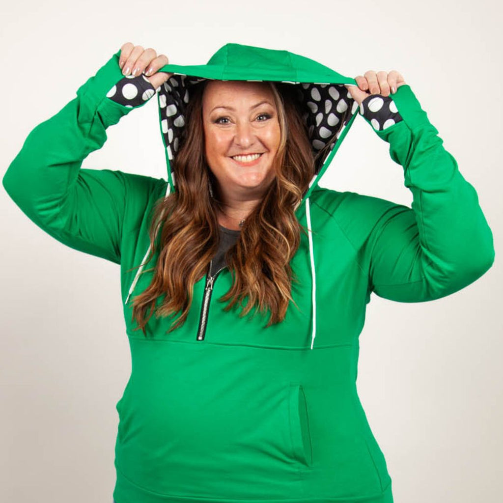 Lucky Half Zip Womens hoodie, Green with large black and white polka dot accent, long sleeve with thumbholes, hourglass shape, half zip womens hoodie - Shop7degrees