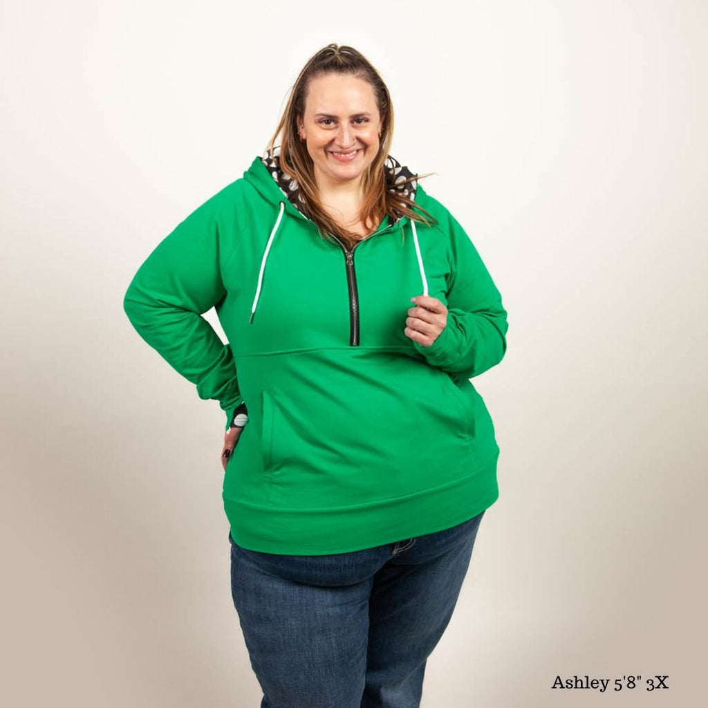 Lucky Half Zip Womens hoodie, Green with large black and white polka dot accent, long sleeve with thumbholes, hourglass shape, half zip womens hoodie - Shop7degrees