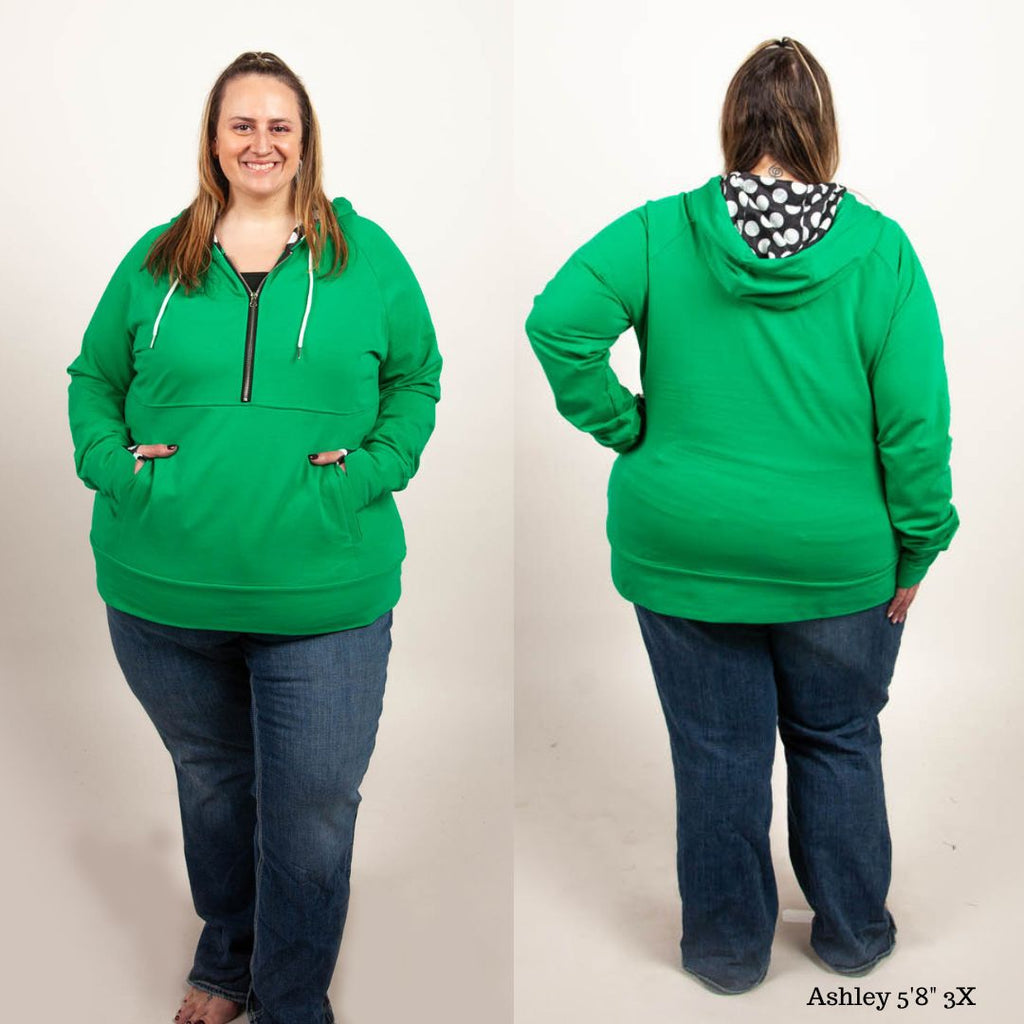 Lucky Half Zip Womens hoodie, Green with large black and white polka dot accent, long sleeve with thumbholes, hourglass shape, half zip womens hoodie - Shop7degrees