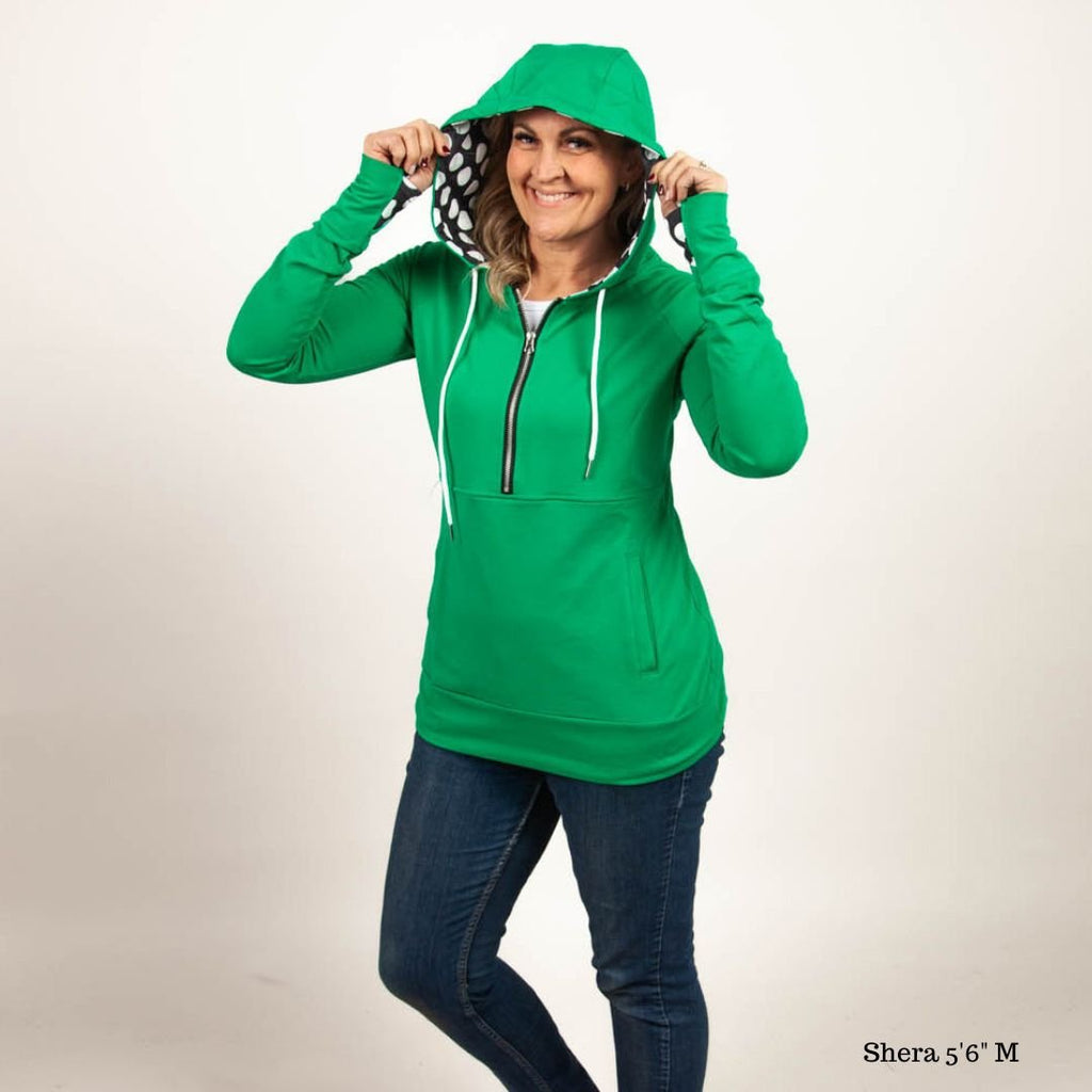 Lucky Half Zip Womens hoodie, Green with large black and white polka dot accent, long sleeve with thumbholes, hourglass shape, half zip womens hoodie - Shop7degrees