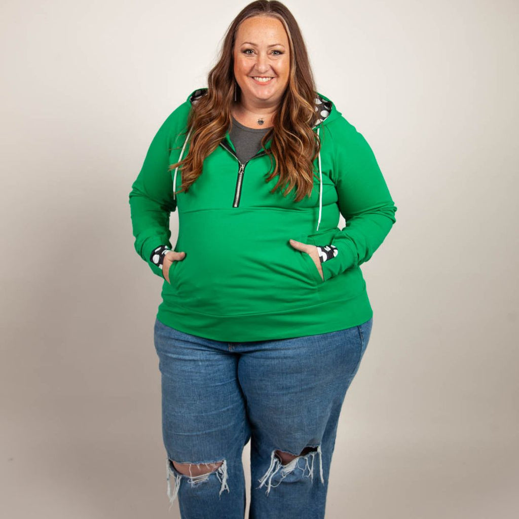 Lucky Half Zip Womens hoodie, Green with large black and white polka dot accent, long sleeve with thumbholes, hourglass shape, half zip womens hoodie - Shop7degrees