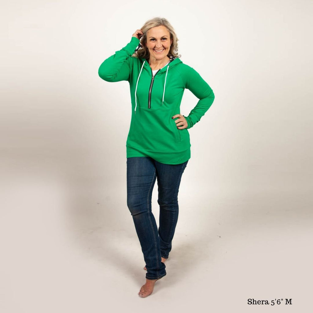 Lucky Half Zip Womens hoodie, Green with large black and white polka dot accent, long sleeve with thumbholes, hourglass shape, half zip womens hoodie - Shop7degrees
