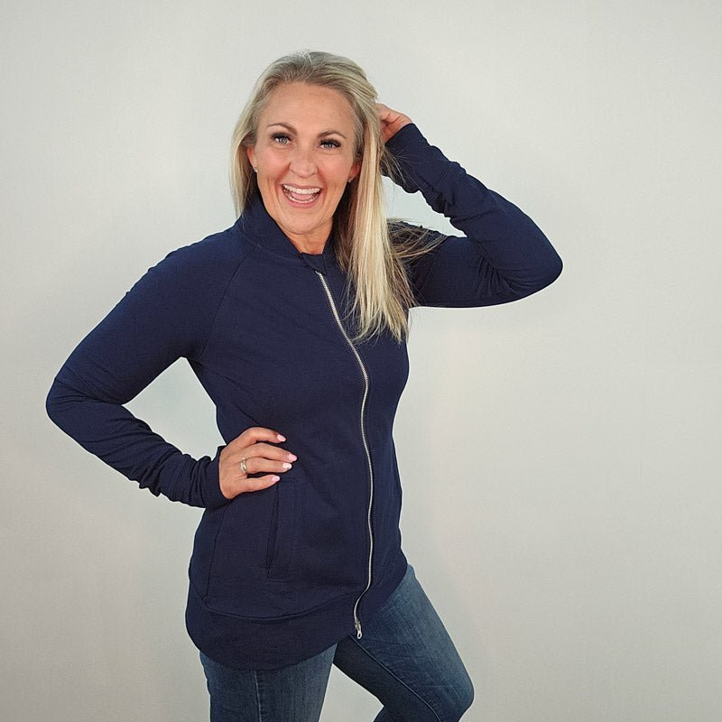 Solid Navy Zip Up | Women's No Hood Fashion Sweatshirt | Full Zip