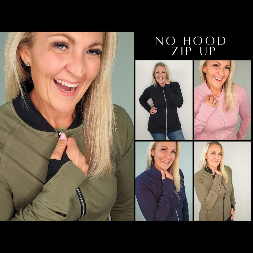 Gallery view of a woman wearing a hoodless jacket with a stand collar, full front zipper, and thumbholes. shown in size medium in army green, black, ashley pink, and navy
