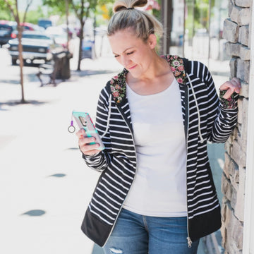 Destiny full zip womens hoodie video, black and white striped with floral accent in hood, womens hoodie, - Shop7degrees