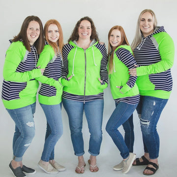Seattle Love Womens Full Zip Hoodie Video, bright green womens hoodie with dark blue and white stripe accents, double zipper, longer body, longer sleeves with comfortable thumbholes, womens fashion hoodie -  Shop7degrees