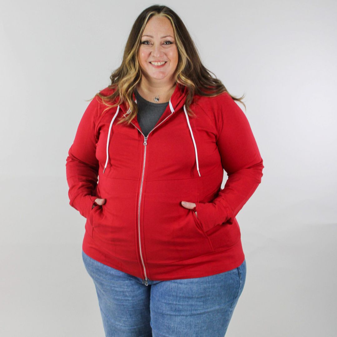 Ruby Red Full Zip | Women's Red Zip Up Hoodie with Thumbholes