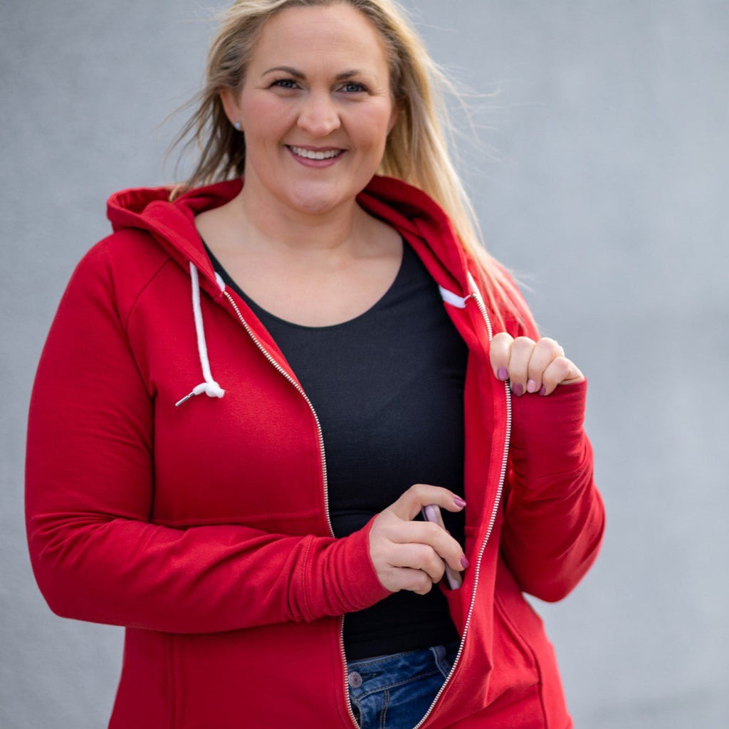 Ruby Red Full Zip- oversized hood, thumbholes, inside pockets- shown in XL shop7degrees