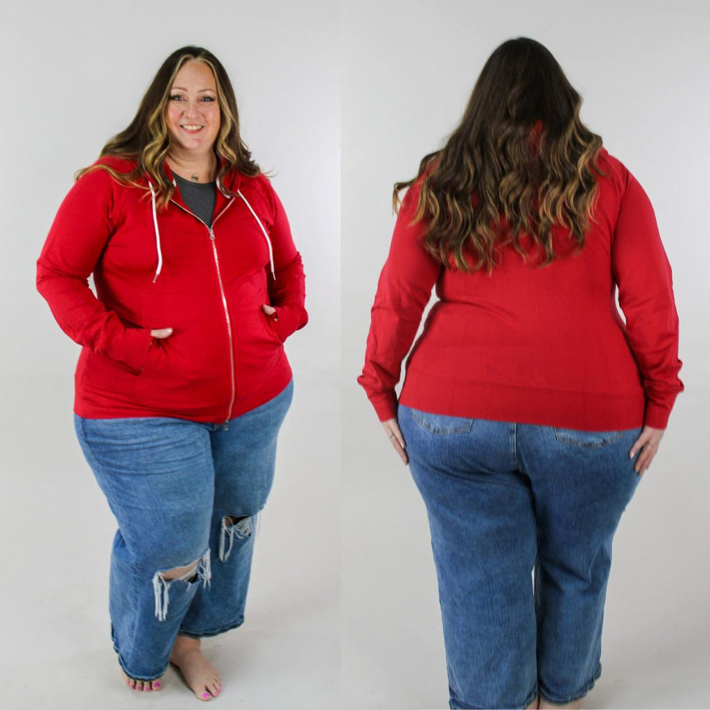Ruby Red Full Zip- oversized hood, thumbholes, hourglass shape, inside pockets- shop7degrees