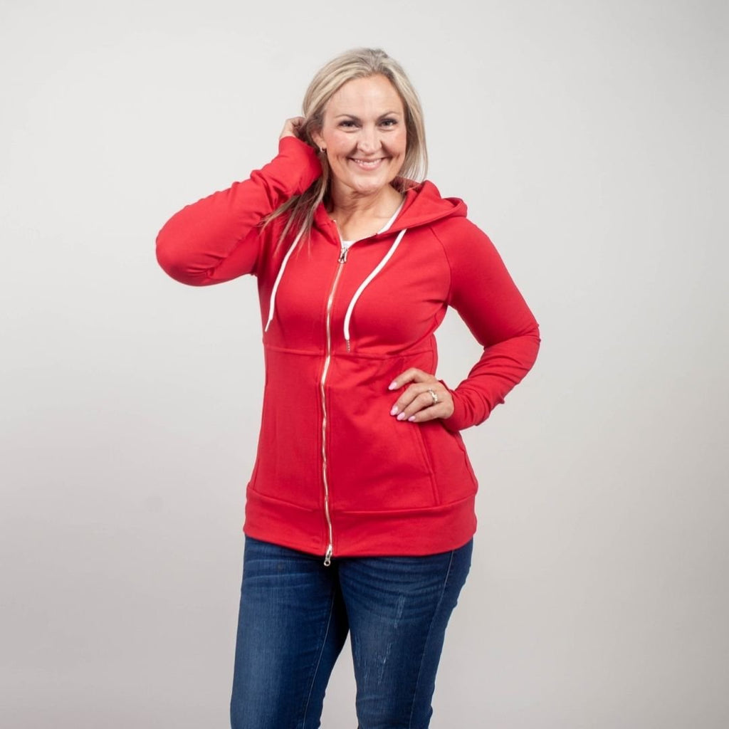 Ruby Red Full Zip- oversized hood, thumbholes, inside pockets- shown in M shop7degrees