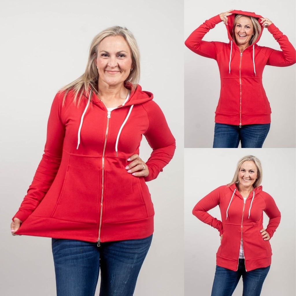 Ruby Red Full Zip- oversized hood, thumbholes, inside pockets- shown in M shop7degrees