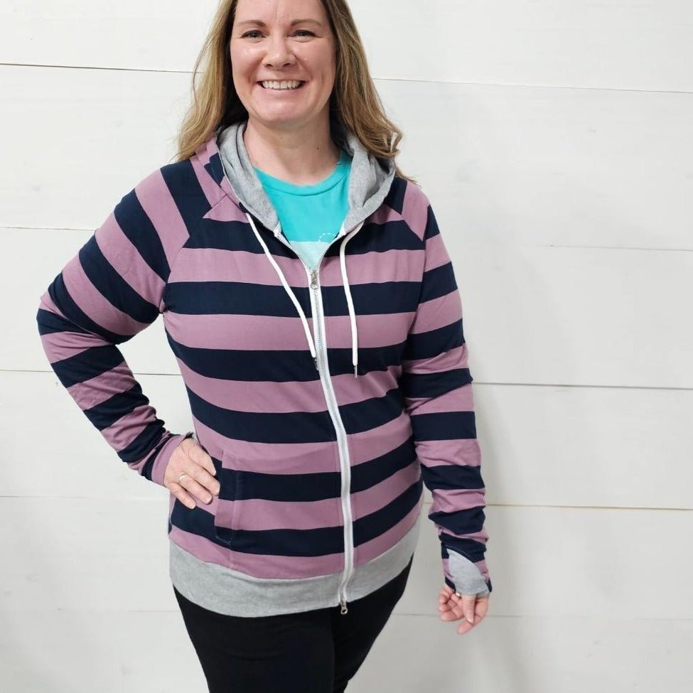 Toula Purple Full zip, purple and blue striped womens hoodie, longer body, longer sleeves, accent comfortable thumbholes, grey accent, streetwear womens clothing, plus size womens clothing - Shown in size 2XL - Shop7degrees