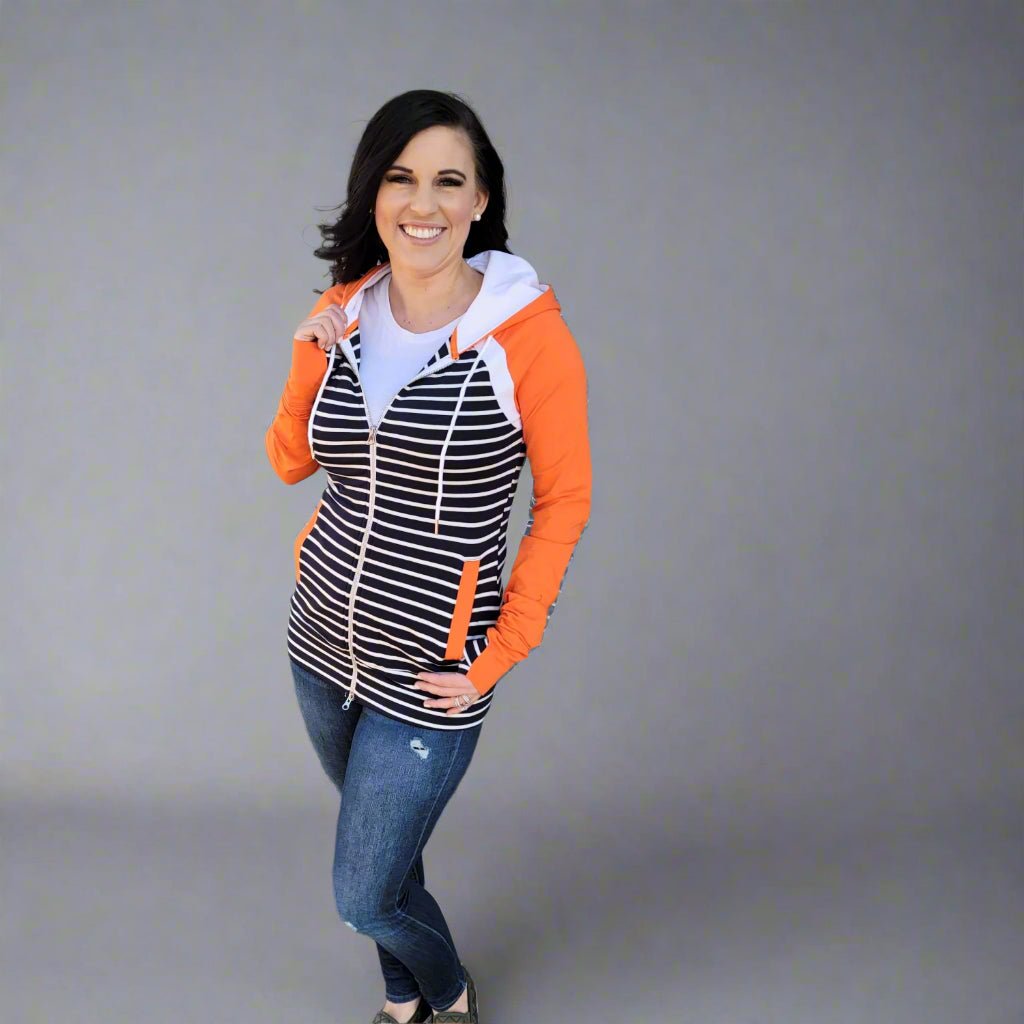 True Blue Full Zip Hoodie, dark blue and white striped body with orange sleeve and accents, womens full zip hoodie, double zipper, shown in size S - Shop7degrees