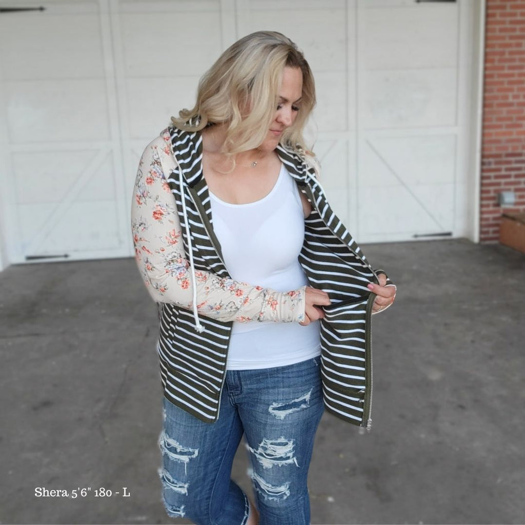 Tuscany Full zip Womens hoodie, olive striped body with floral sleeves. shown in size L - Shop7degrees