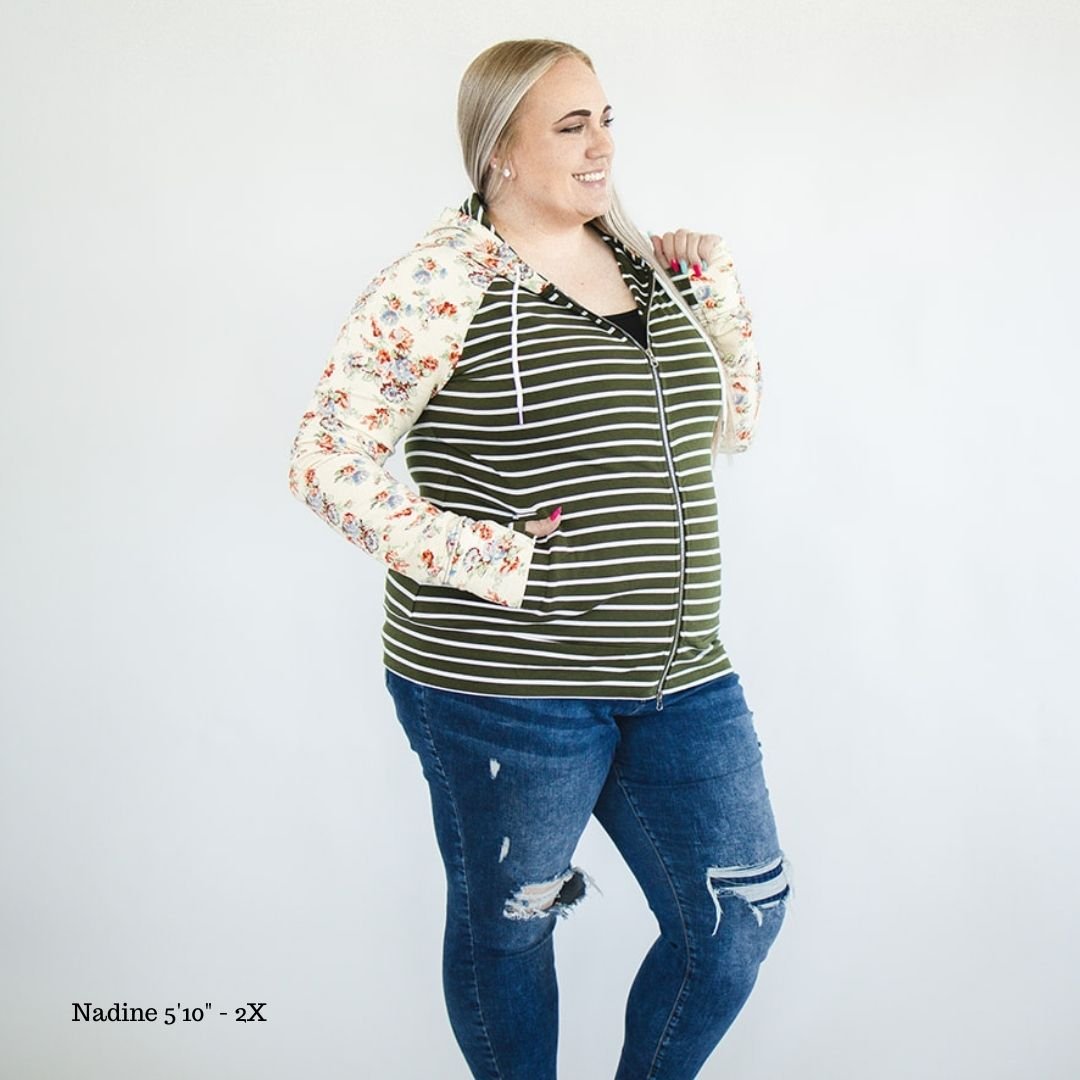 Tuscany Full Zip | Olive Green Hoodie for Women | Pink Floral