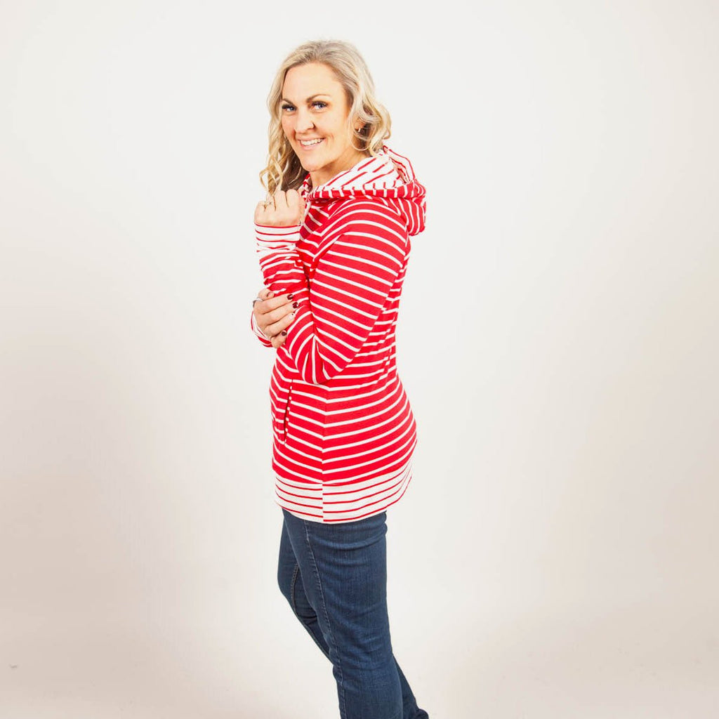 Twisted Peppermint Pullover, red and white striped womens top, womens long sleeve pullover, long sleeve with thumbholes, plus size womens clothing, shown in size medium - Shop7degrees