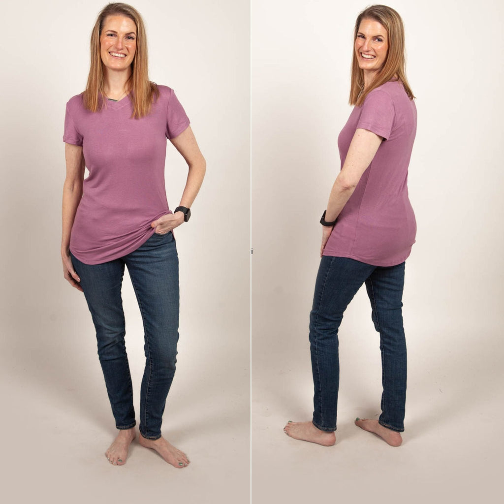 V - Neck Amethyst T-Shirt - Shop7degrees micro ribbed v-neck semi-fitted, longer length shirt. shown in size XS