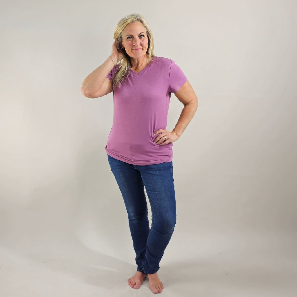 V - Neck Amethyst T-Shirt - Shop7degrees micro ribbed v-neck semi-fitted, longer length shirt. shown in size medium