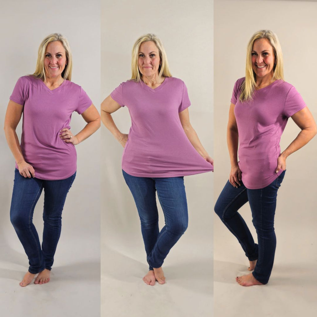 V - Neck Amethyst T-Shirt - Shop7degrees micro ribbed v-neck semi-fitted, longer length shirt. shown in size medium