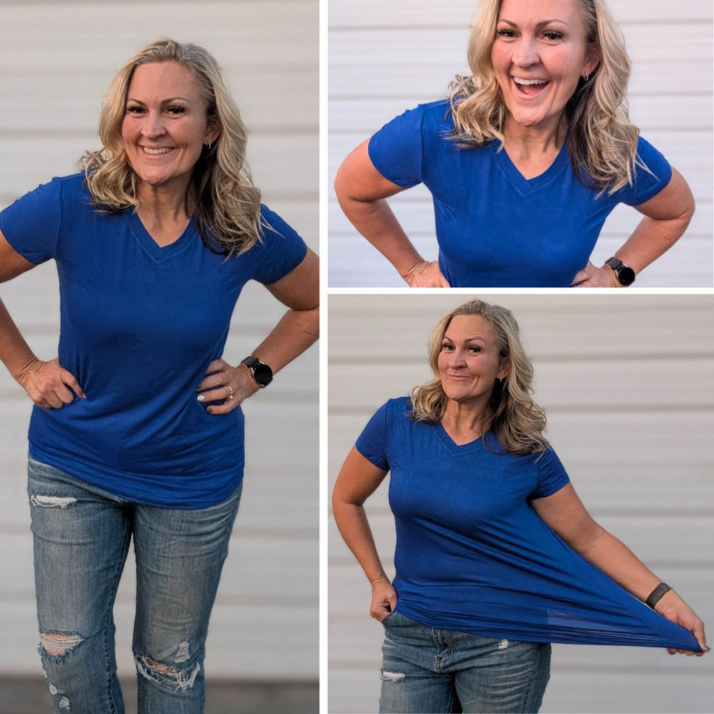 V - Neck Royal Blue T-shirt - women's semi-fitted short sleeve shirt for feminine tailored look. long torso with longer back, soft lightweight stretchy fabric for comfort. solid royal blue color shown in size medium women