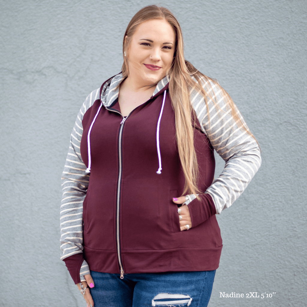 Varsity Full Zip Woman's Hoodie, maroon body with grey and white striped long sleeves, double zipper hoodie, thumbholes, womens clothing shown in size 2XL - Shop7degrees