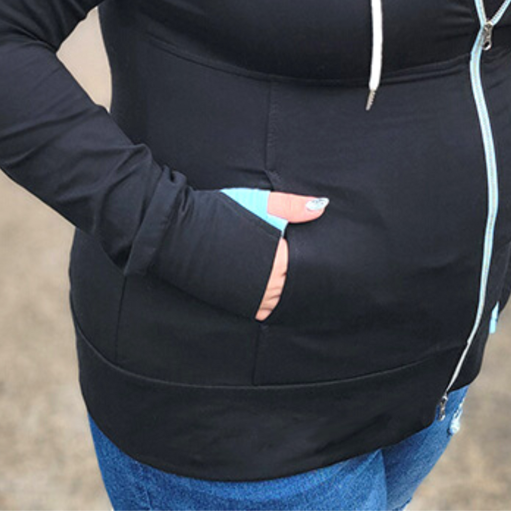 Misty Full zip Womens Hoodie, Black womens hoodie with baby blue accents, long sleeves with thumbholes, double zipper, extra large hoodie, detail view - Shop7degrees