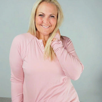 Ballet Pink Ribbed Henley Long Sleeve Womens Clothing, shown in size Large- Shop7degrees