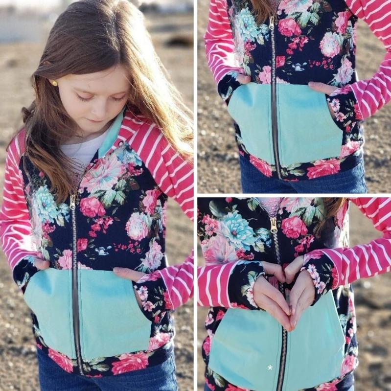 Gallery detail view Bella Bee Kids full zip hoodie, long sleeve navy floral hoodie with pink and mint, long sleeve kids clothes, with thumbholes - 7degrees