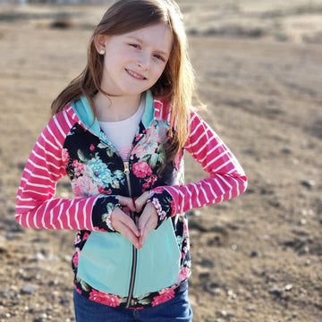 Bella Bee Kids full zip hoodie, long sleeve navy floral hoodie with pink and mint accents, cute kids clothes- 7degrees