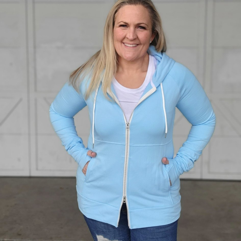 Bella Blue Full zip womens hoodie, long sleeve hoodie with thumbholes,  baby blue womens clothing, double zipper, Shown in large - Shop7degrees