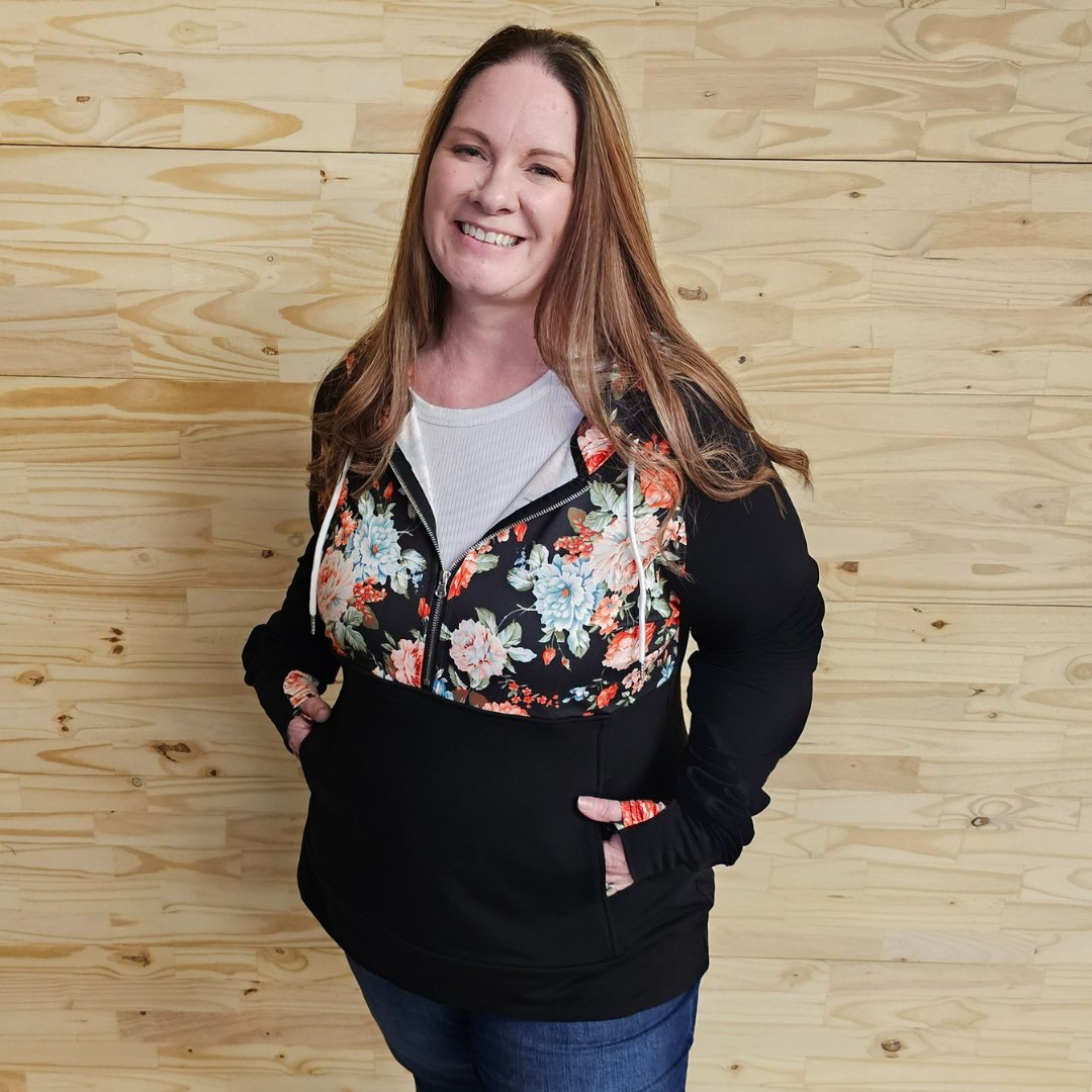 Bliss Half Zip | Women's Floral Half Zip Hoodie with Thumbholes