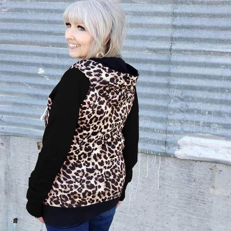 Cat Walk Leopard Womens Full zip Leopard Print with black long sleeves and accents back image- Shop7degrees