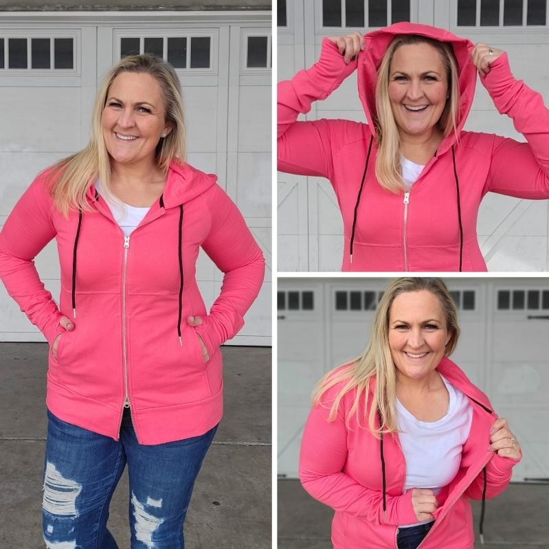 Gallery view Coralee Womens Long sleeve Full zip Hoodie Pink with black accent string details, double zipper, extra large hood, inside pocket - 7degrees