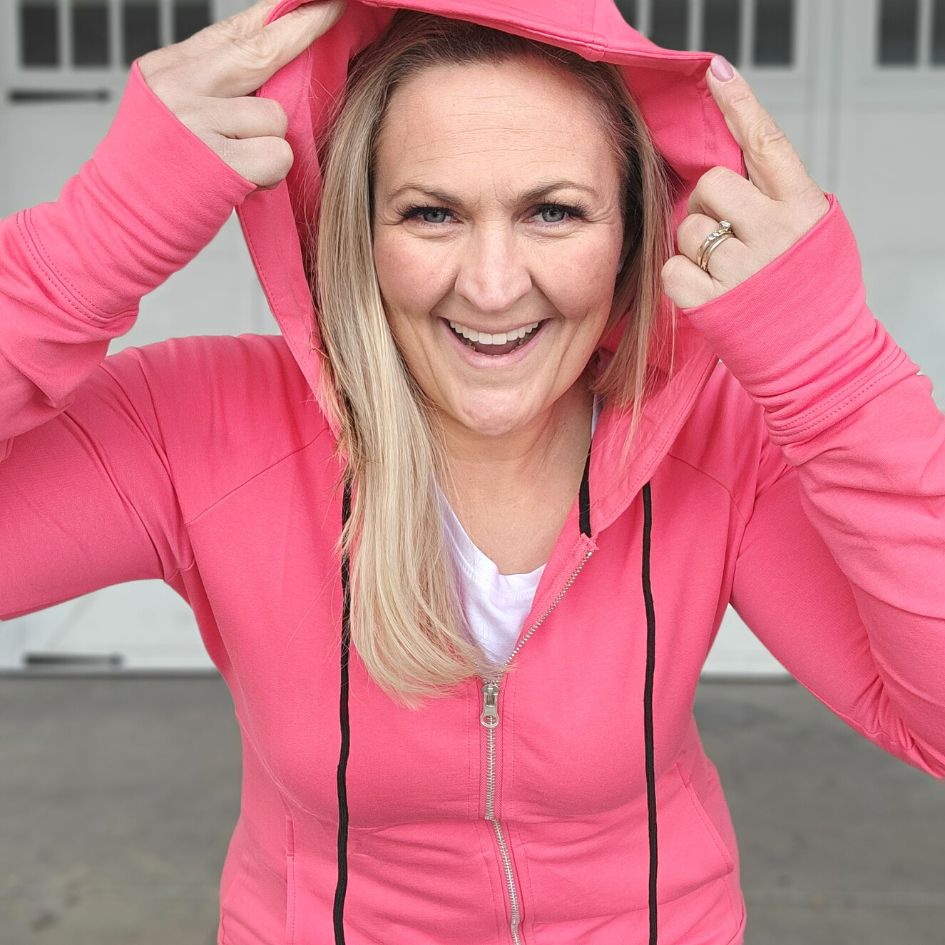 Women's Long sleeve Full zip Hoodie Pink with black accent string details, double zipper, extra large hood, inside pocket - shown in size XL