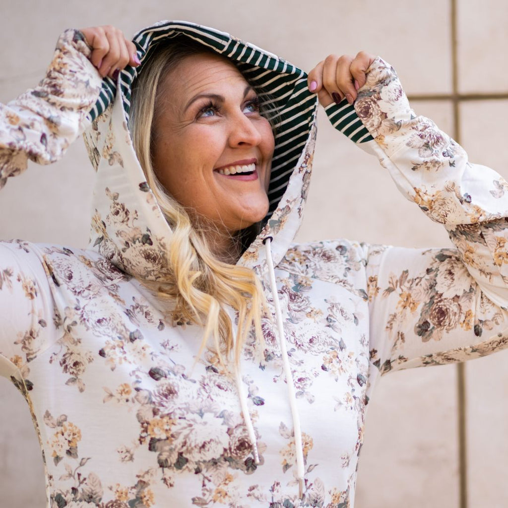 Ellie Floral Womens Pullover with Green Stripe Accents