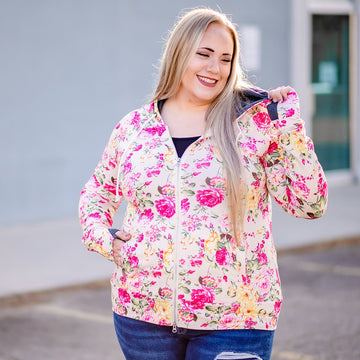 Fabulously Floral Full Zip Womens Hoodie with dark grey accents shown in 2XL, plus size womens clothing - 7degrees