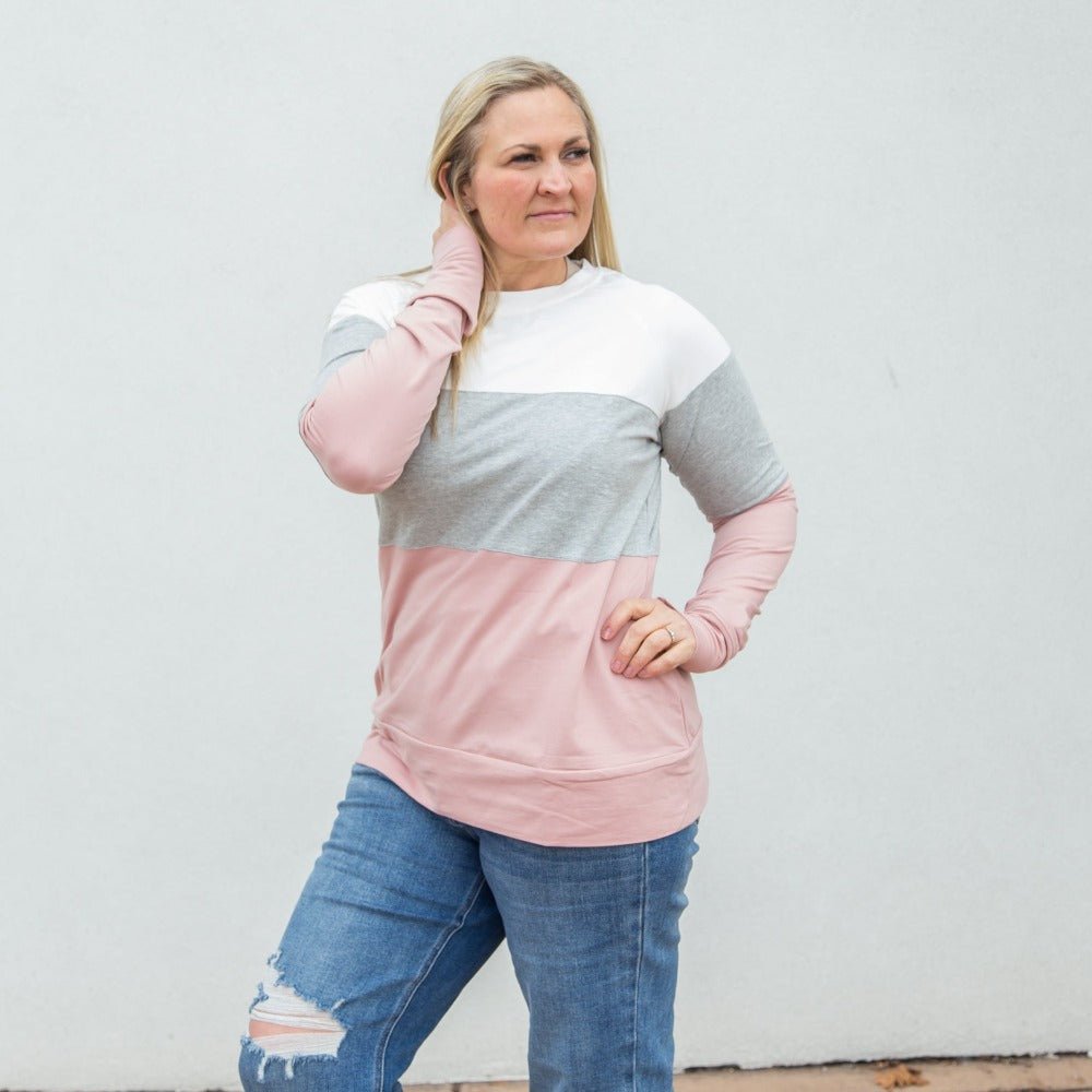 Gracey Crew Neck, longer sleeves with comfortable thumbholes, colorblock white, grey and pink, shown in size large- Shop7degrees