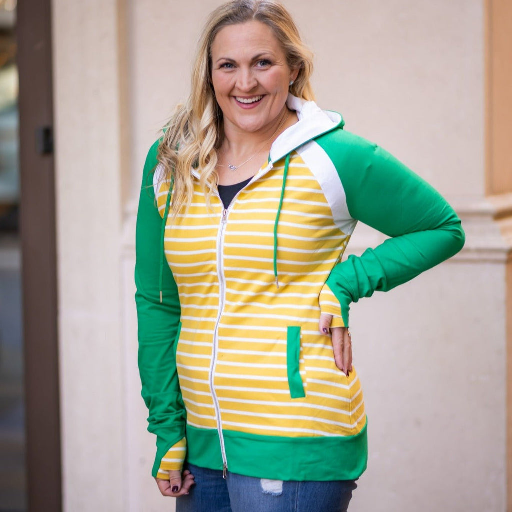 Green Stadium Womens long sleeve Hoodie yellow and white stripes with green sleeves- 7degrees