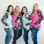 display of women in different but matching 7degree hoodies all feature full zip, womans large hood, tall hoodies, long sleeve, thumbholes, fuchsia pink, stripe, mint and navy base floral 