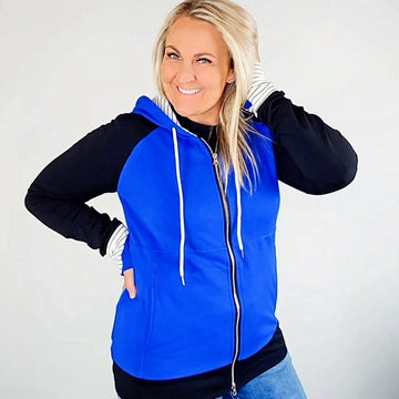 Jaycee Full Zip Hoodie, blue with black sleeves, longer sleeves with comfortable thumbholes and new watch hole design, double zipper, deep lined hood, inclusive sizing shown in size Large- Shop7degrees