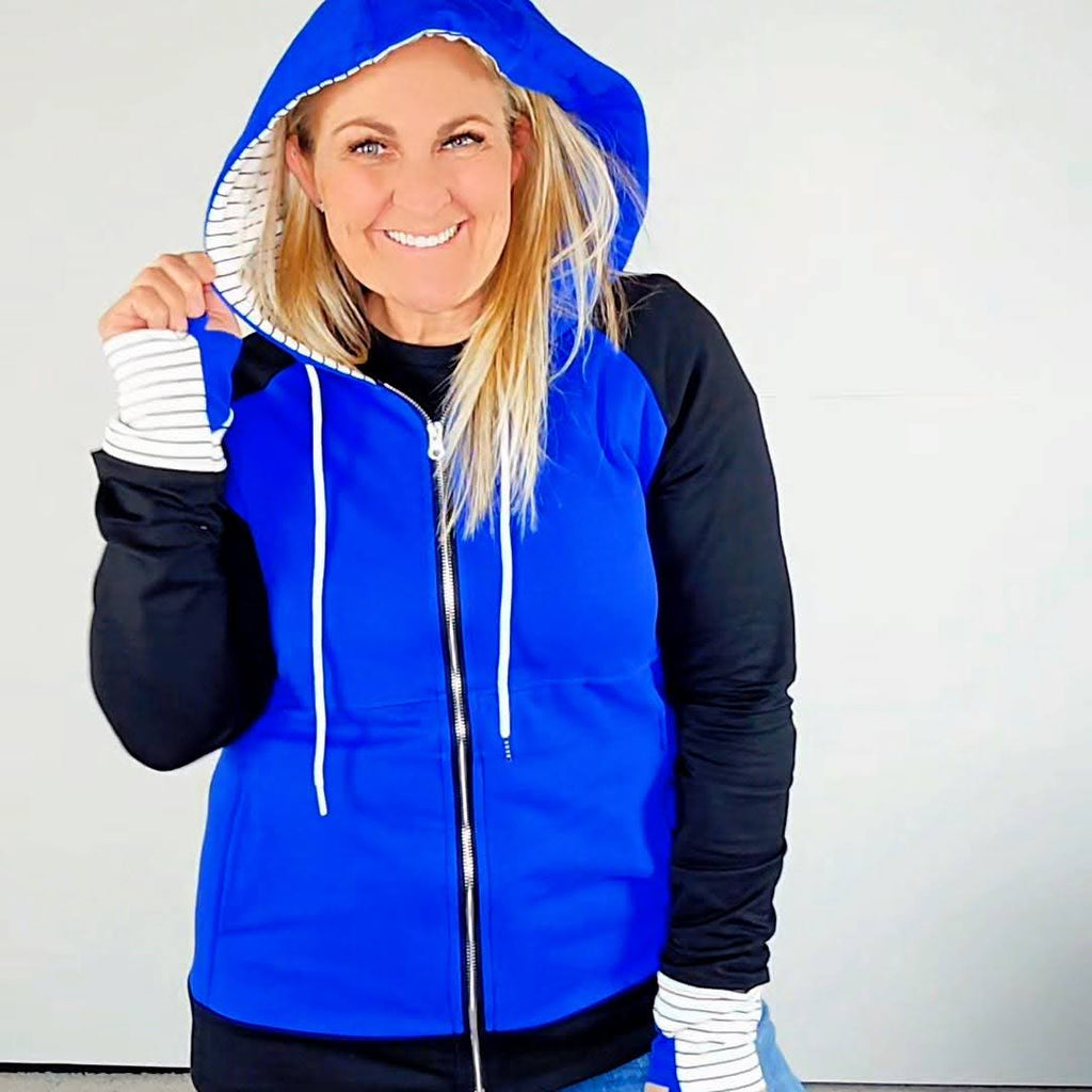 Jaycee Full Zip Hoodie, blue body, black sleeves with white and black striped accents on cuffs and hood- Shop7degrees