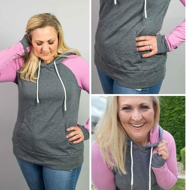 Gallery View Jordan Womens Pullover, womens long sleeve with comfortable thumbholes womens clothing, Grey with pink long sleeves with comfortable thumbholes- Shop7degrees