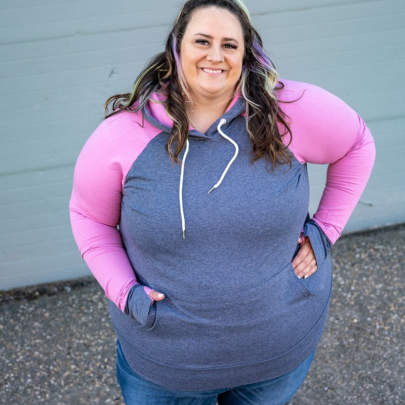 Jordan Womens Pullover, womens heathered grey with pink sleeves and thumbholes, long sleeve plus size womens pullover hoodie, size inclusive, plus size womens, Shown in 3XL Shop7degrees